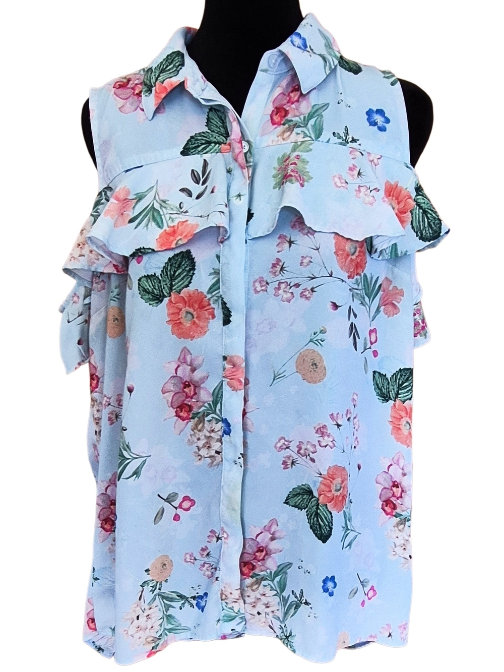 Express Light Blue Floral Cold Shoulder Ruffle Blouse Size Large